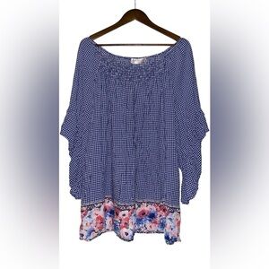 Terra & Sky‎ Women Checkered Plaid Blouse Smocked Bell Sleeve 2X Dainty Flowy